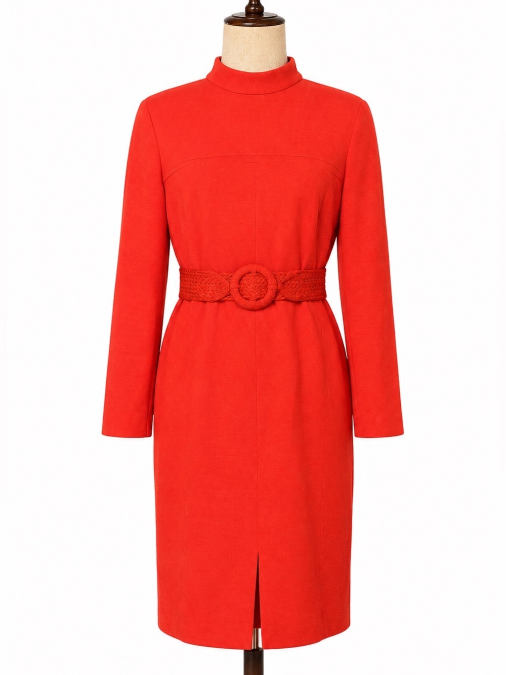 Vintage red polyester long sleeve midi dress- front slit- paired with 80s belt M